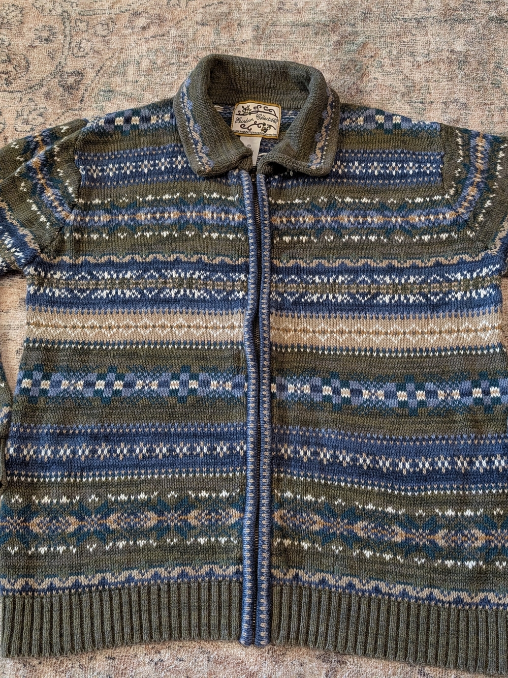 Zip-Up Fair Isle Cardigan Sweater in Olive & Blue - Vintage